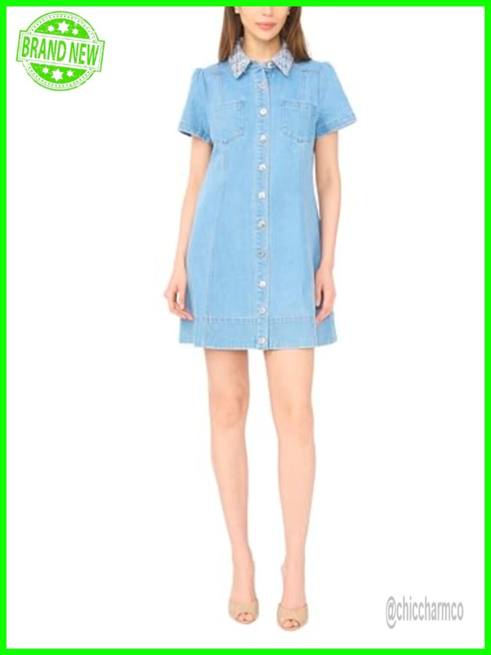 Swing Denim Dress with Tweed Collar Short Sleeve Button Back